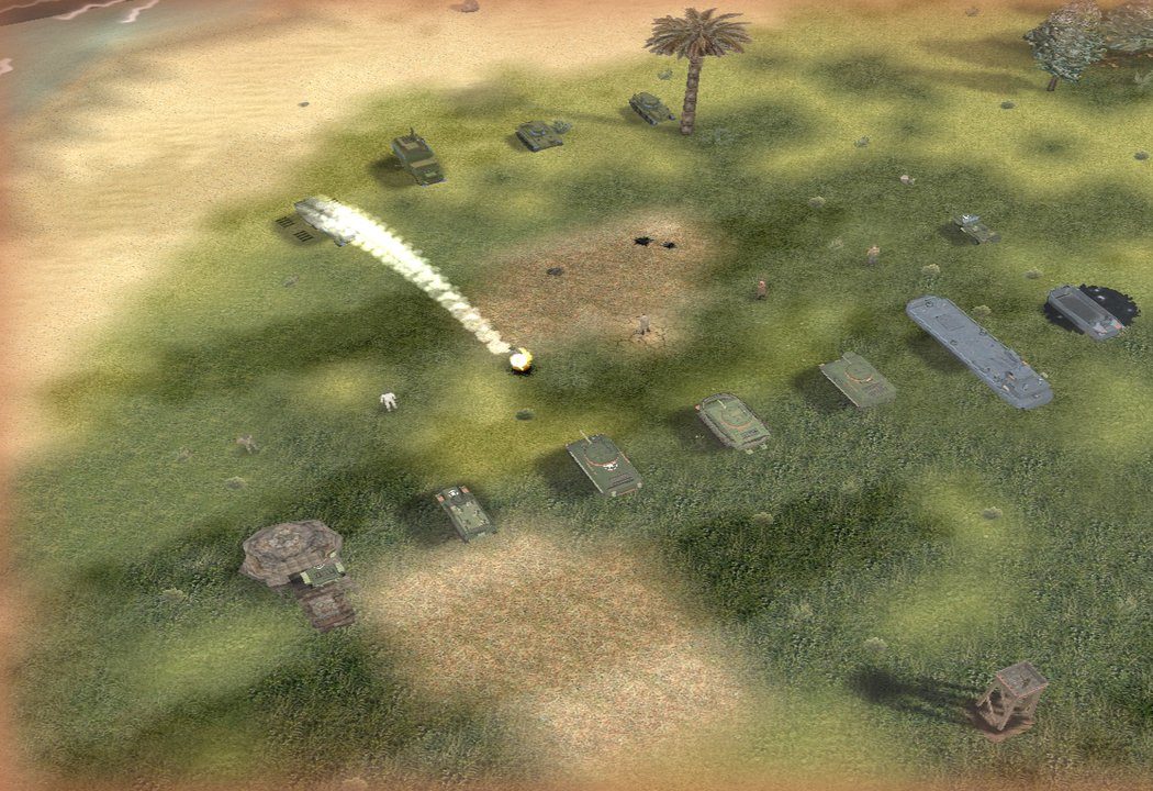 A shell trailing smoke lands on a grassy island where tanks and landing craft wait near the beach.