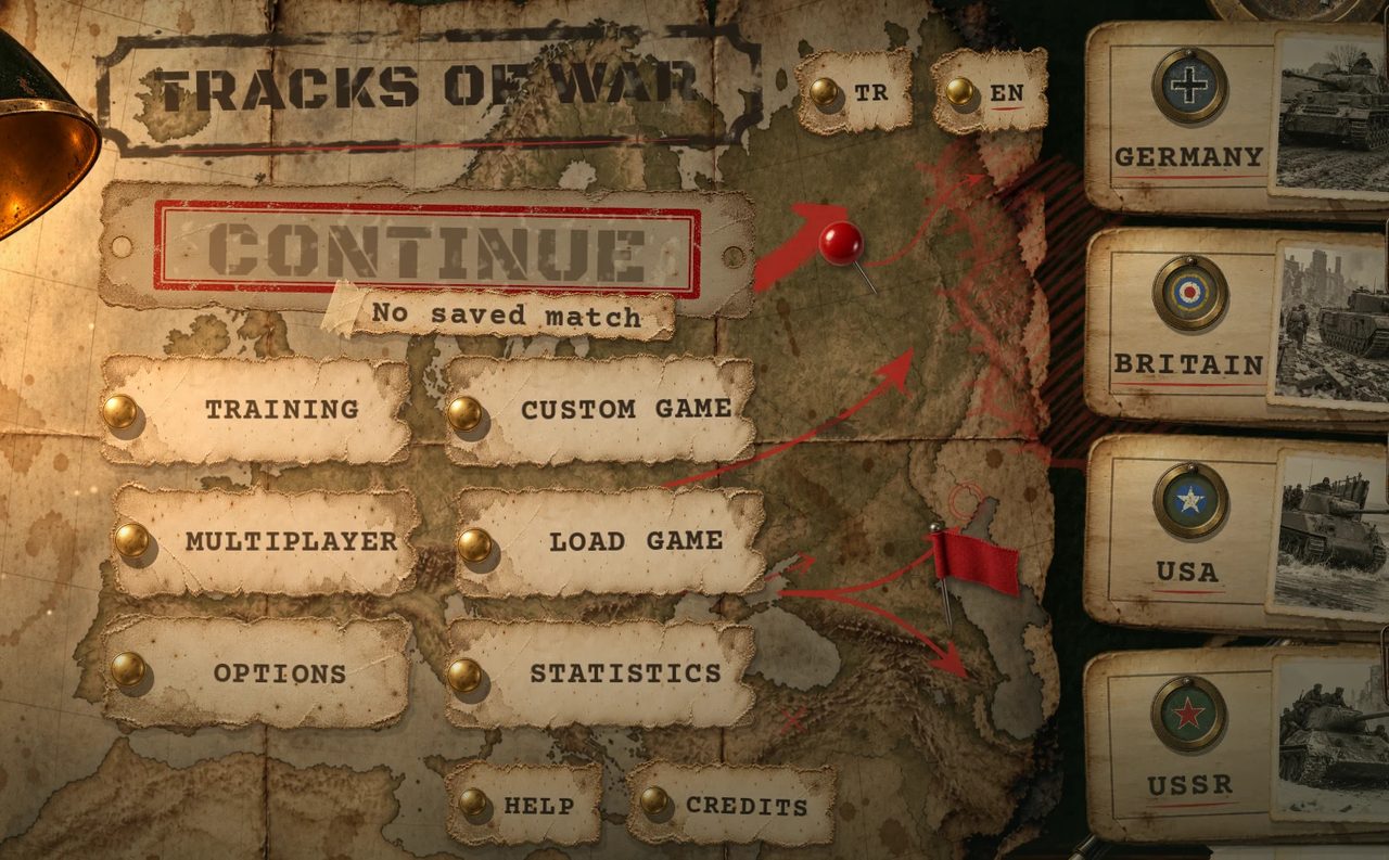 The main menu, laid out like a briefing map with brass pins, a red stamp and four nation cards.