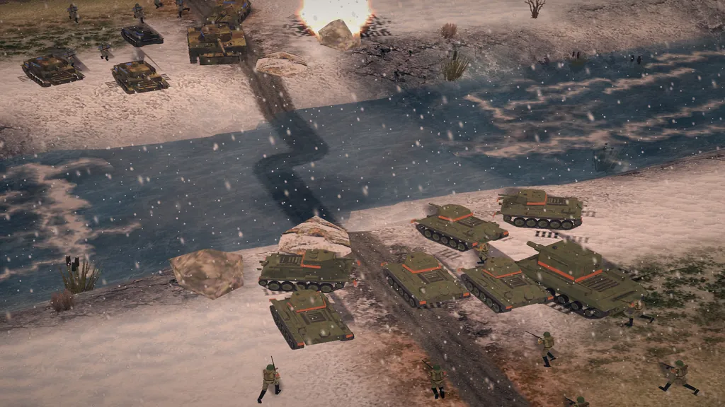 Tanques T-34 soviéticos y fusileros se reúnen en una orilla nevada al ocaso, con tanques alemanes esperando en el otro lado.