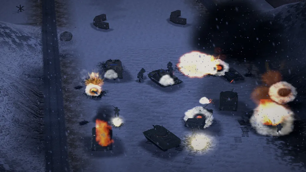 Vista cercana de una batalla nocturna sobre la nieve: tanques en llamas, estallidos de proyectiles e infantería entre ellos.