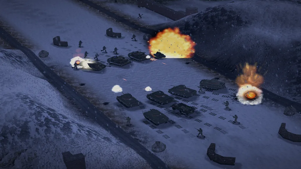 Combat de nuit dans un col de montagne enneigé : des chars Sherman et de l'infanterie tirent sur des chars allemands, des explosions éclairent la neige.