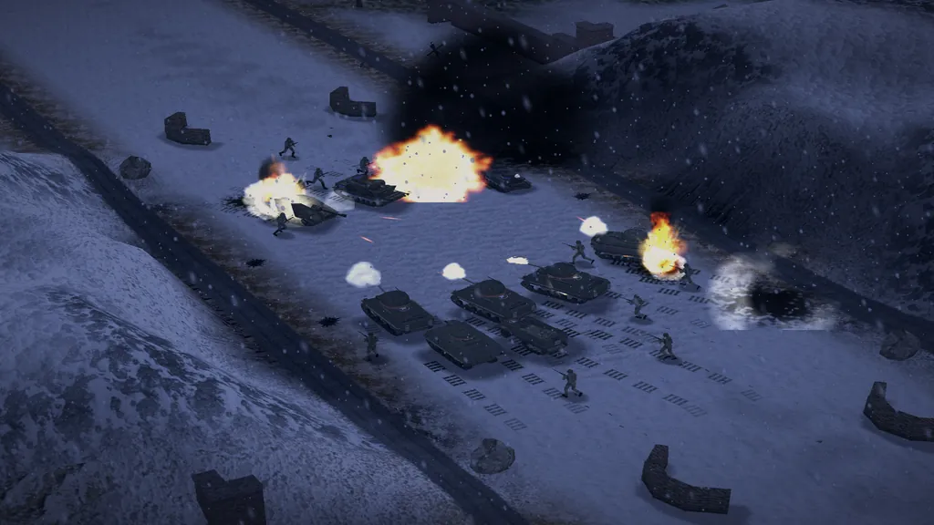 Combat de nuit sur la neige : une colonne de chars avance vers des positions allemandes en flammes, sous une crête sombre.